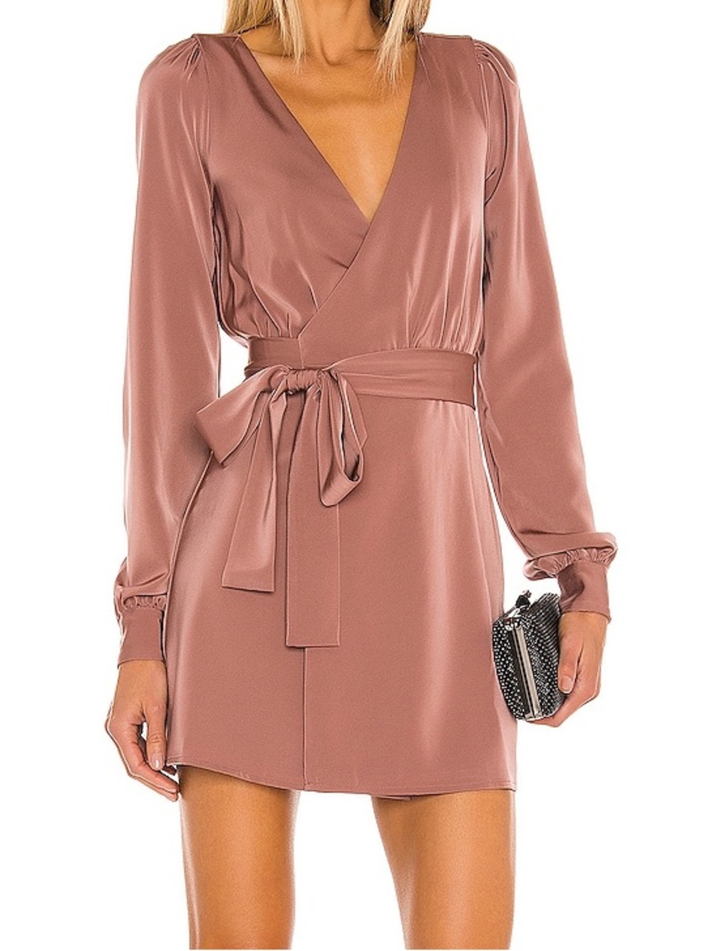 Satin Wrap Mini Dress in Dusty Rose
